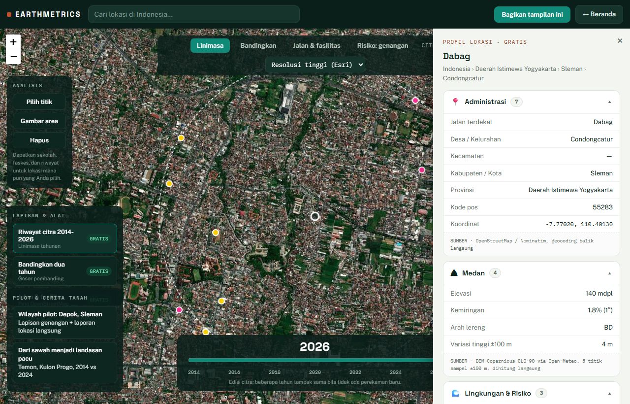 Earth Metrics Personal location profile on a desktop screen