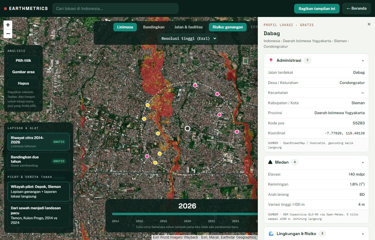 Earth Metrics Professional risk-analysis workspace on a desktop screen